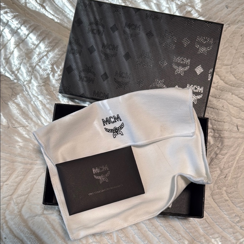 MCM White Dust Bag& original receipt/business card and box 8”x4”